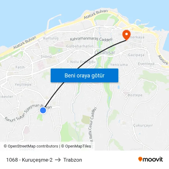 1068 - Kuruçeşme-2 to Trabzon map
