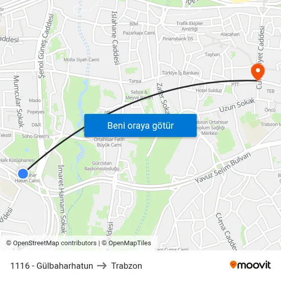 1116 - Gülbaharhatun to Trabzon map