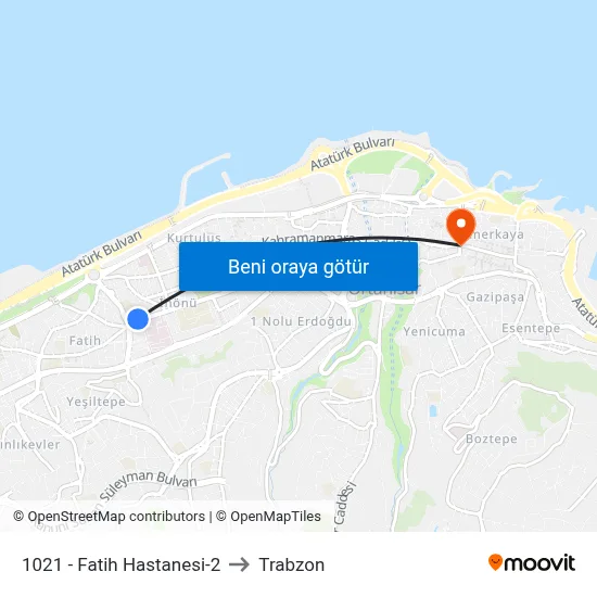 1021 - Fatih Hastanesi-2 to Trabzon map