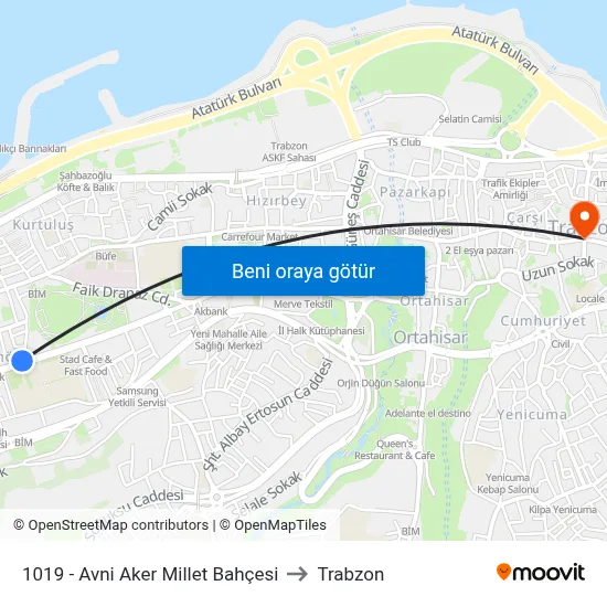 1019 - Avni Aker Millet Bahçesi to Trabzon map