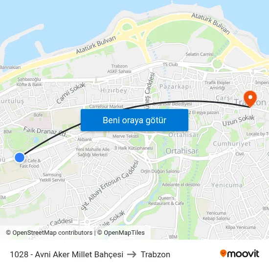 1028 - Avni Aker Millet Bahçesi to Trabzon map