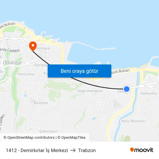 1412 - Demirkırlar İş Merkezi to Trabzon map