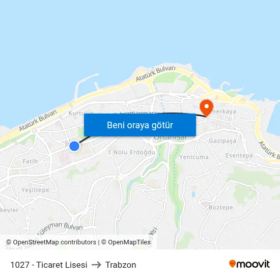 1027 - Ticaret Lisesi to Trabzon map
