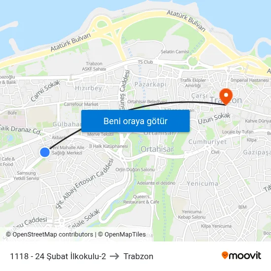 1118 - 24 Şubat İlkokulu-2 to Trabzon map