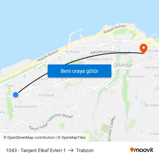 1043 - Tanjant Elkaf Evleri-1 to Trabzon map