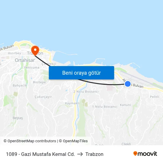 1089 - Gazi Mustafa Kemal Cd. to Trabzon map