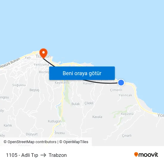 1105 - Adli Tıp to Trabzon map