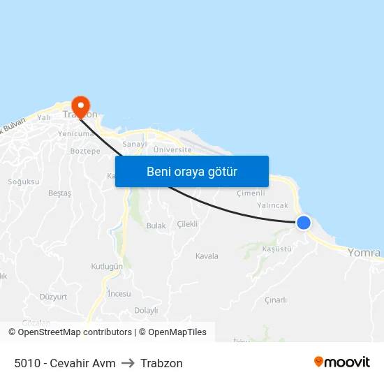 5010 - Cevahir Avm to Trabzon map