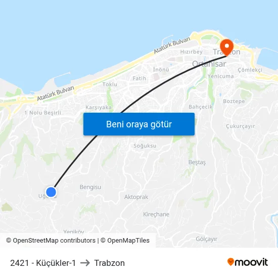 2421 - Küçükler-1 to Trabzon map