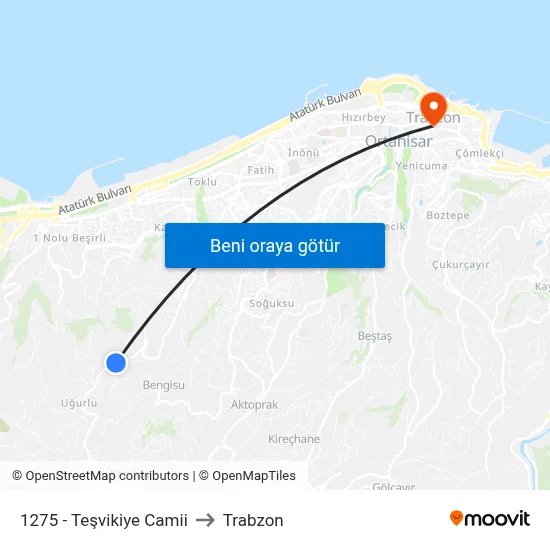 1275 - Teşvikiye Camii to Trabzon map