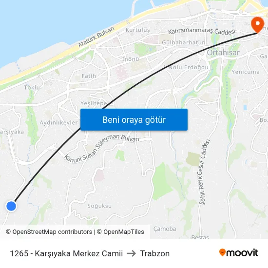 1265 - Karşıyaka Merkez Camii to Trabzon map