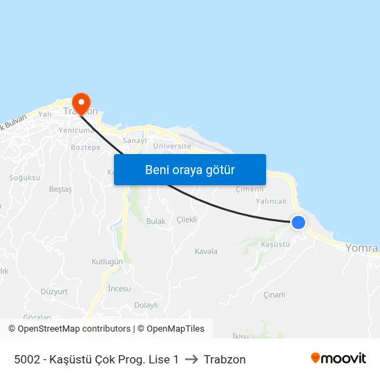 5002 - Kaşüstü Çok Prog. Lise 1 to Trabzon map