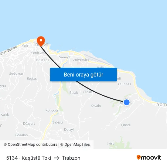 5134 - Kaşüstü Toki to Trabzon map