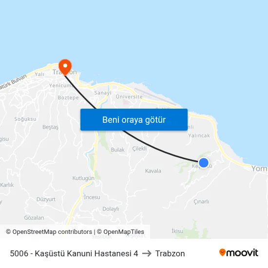 5006 - Kaşüstü Kanuni Hastanesi 4 to Trabzon map