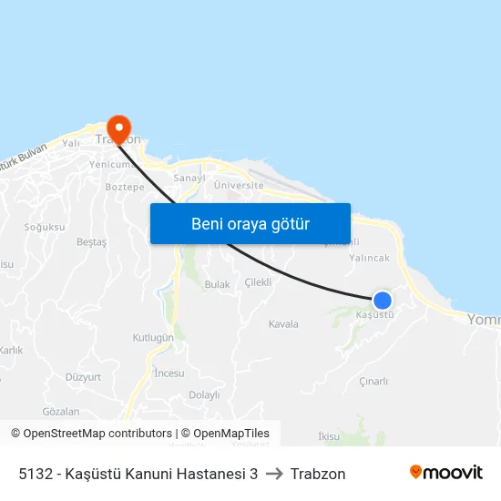 5132 - Kaşüstü Kanuni Hastanesi 3 to Trabzon map