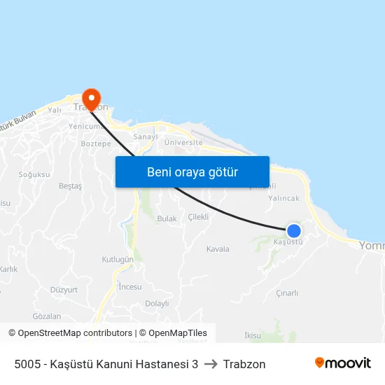 5005 - Kaşüstü Kanuni Hastanesi 3 to Trabzon map