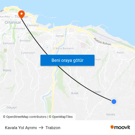 Kavala Yol Ayrımı to Trabzon map