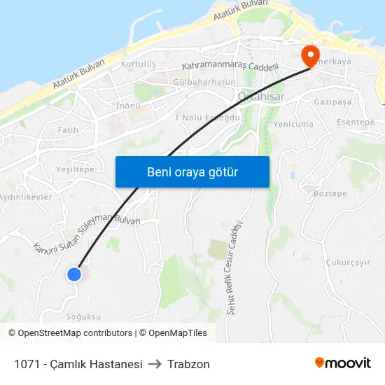 1071 - Çamlık Hastanesi to Trabzon map