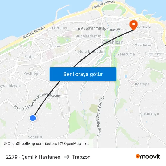 2279 - Çamlık Hastanesi to Trabzon map