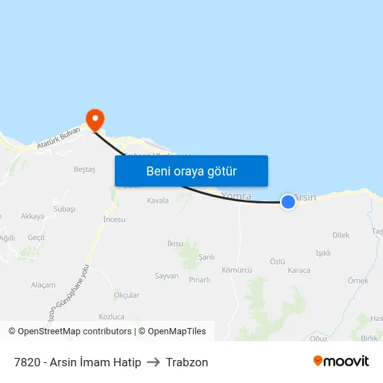 7820 - Arsin İmam Hatip to Trabzon map