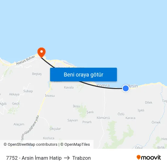 7752 - Arsin İmam Hatip to Trabzon map