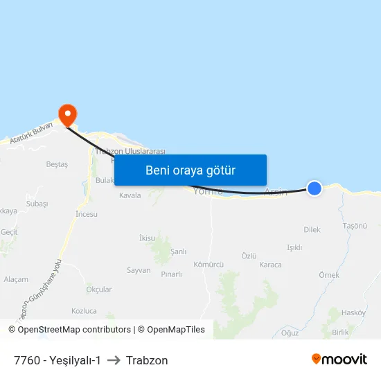 7760 - Yeşilyalı-1 to Trabzon map