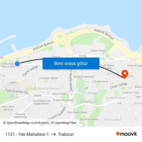 1121 - Yalı Mahallesi-1 to Trabzon map