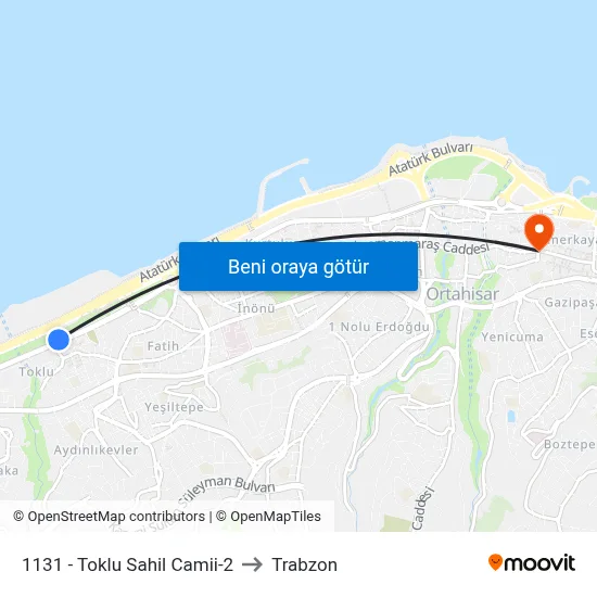 1131 - Toklu Sahil Camii-2 to Trabzon map