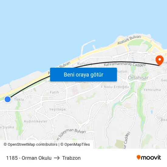 1185 - Orman Okulu to Trabzon map