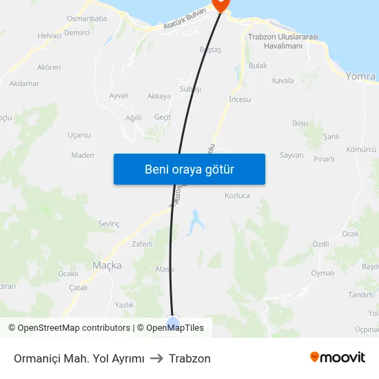 Ormaniçi Mah. Yol Ayrımı to Trabzon map