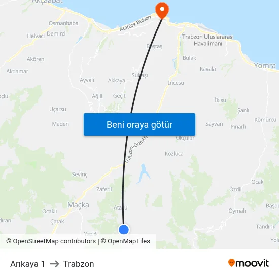Arıkaya 1 to Trabzon map