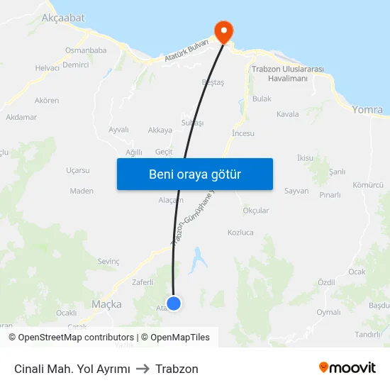 Cinali Mah. Yol Ayrımı to Trabzon map