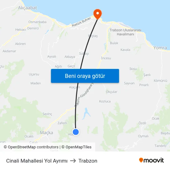 Cinali Mahallesi Yol Ayrımı to Trabzon map