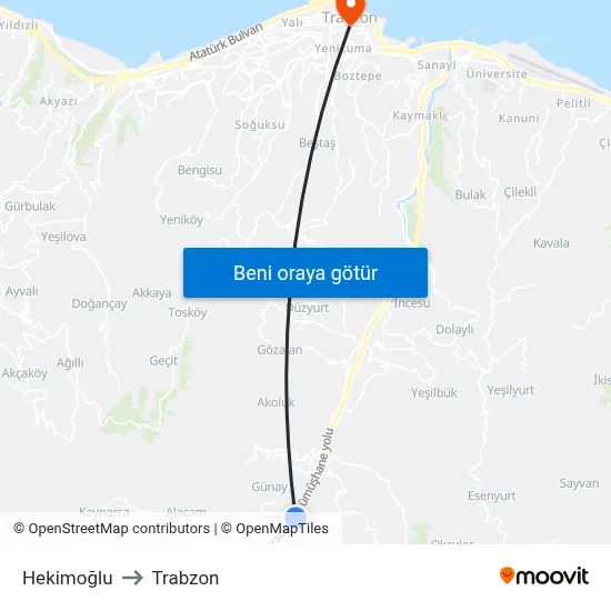 Hekimoğlu to Trabzon map