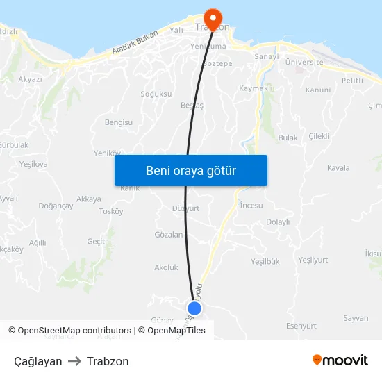 Çağlayan to Trabzon map