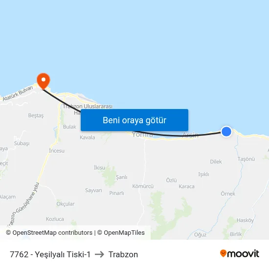 7762 - Yeşilyalı Tiski-1 to Trabzon map