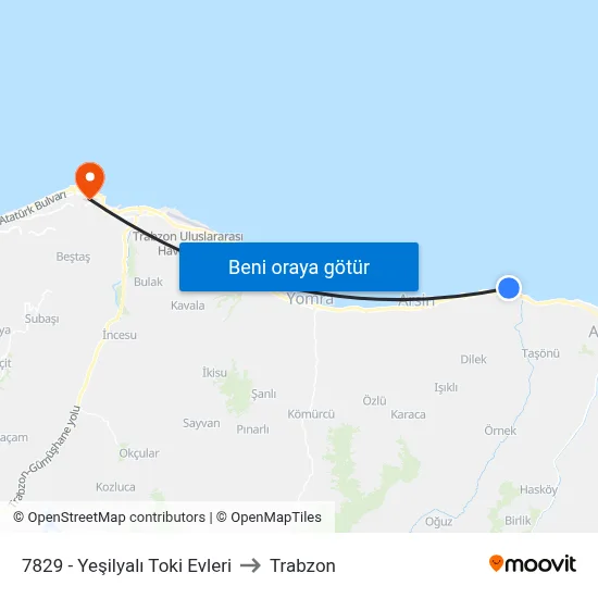 7829 - Yeşilyalı Toki Evleri to Trabzon map