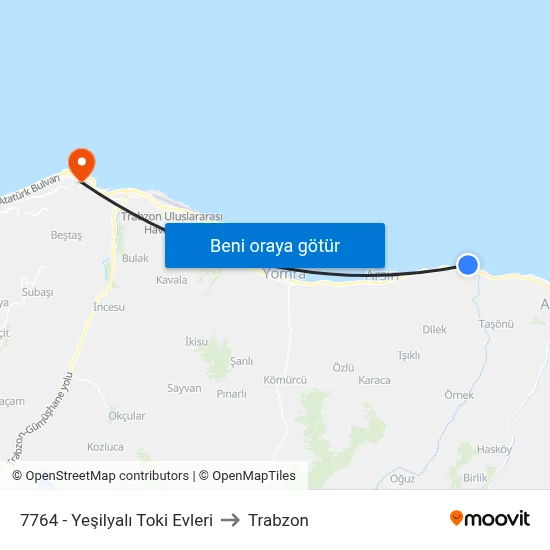 7764 - Yeşilyalı Toki Evleri to Trabzon map