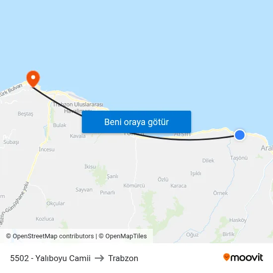 5502 - Yalıboyu Camii to Trabzon map