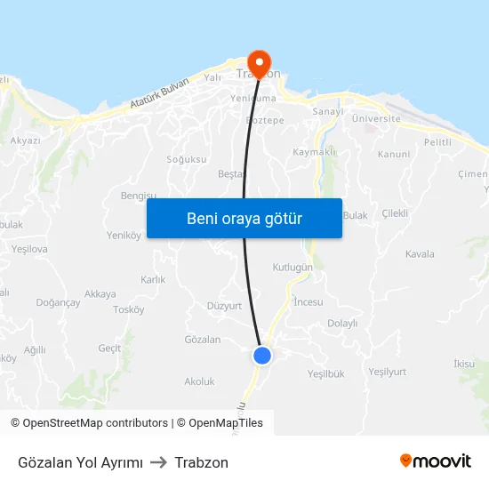 Gözalan Yol Ayrımı to Trabzon map