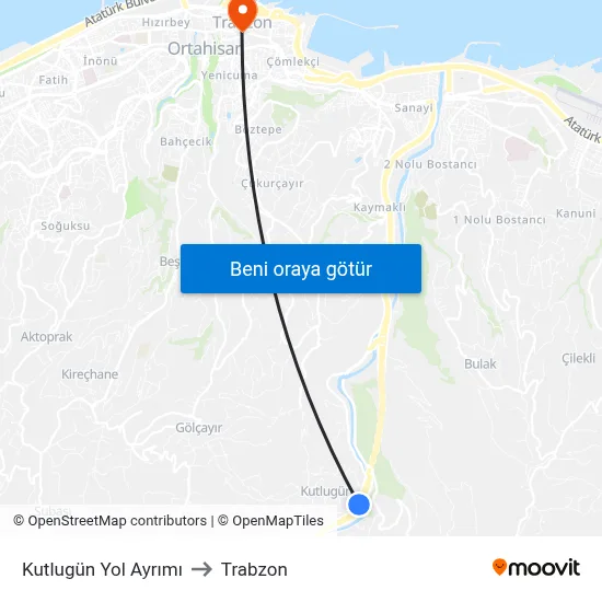 Kutlugün Yol Ayrımı to Trabzon map