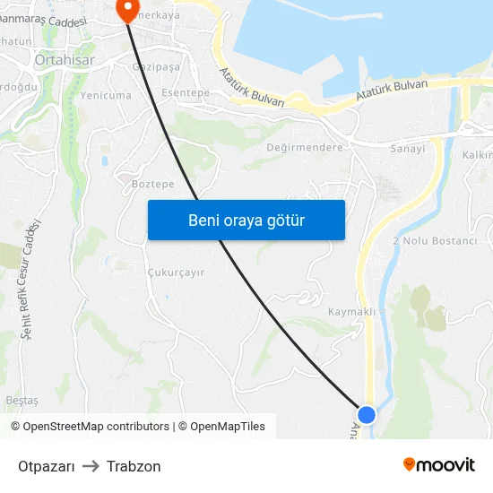 Otpazarı to Trabzon map