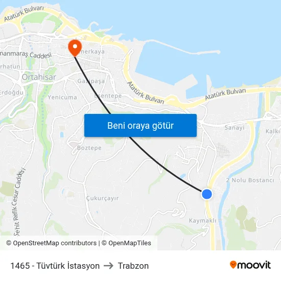 1465 - Tüvtürk İstasyon to Trabzon map