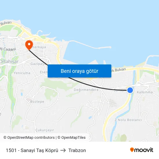1501 - Sanayi Taş Köprü to Trabzon map