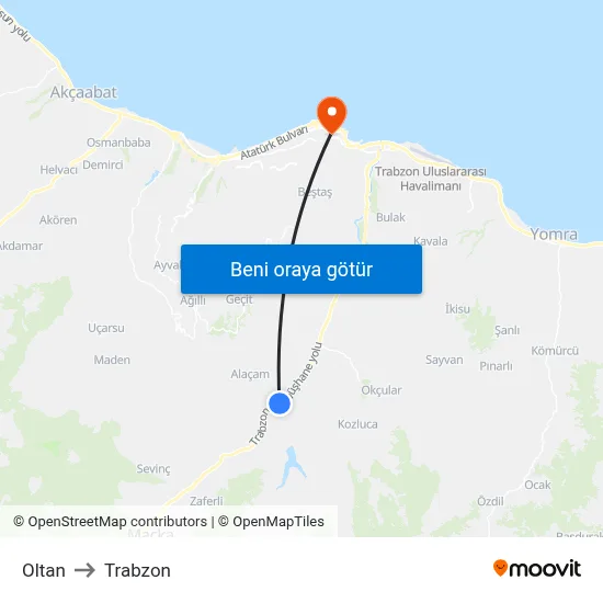 Oltan to Trabzon map