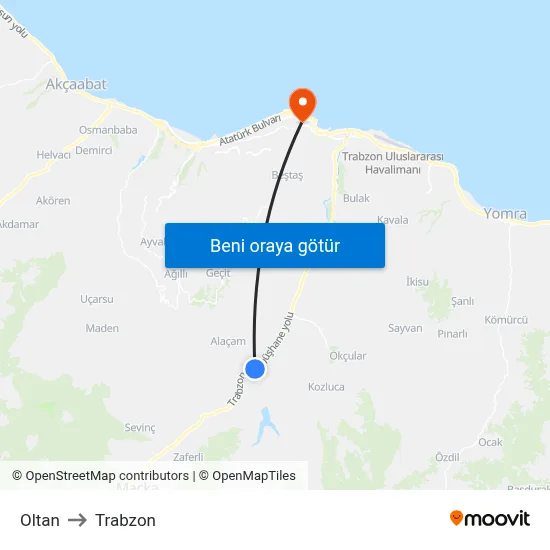 Oltan to Trabzon map