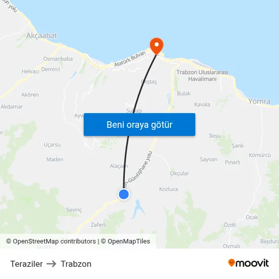 Teraziler to Trabzon map