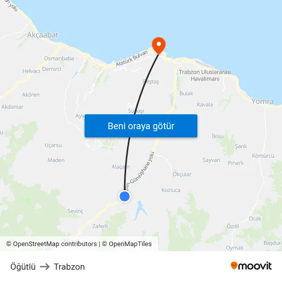 Öğütlü to Trabzon map