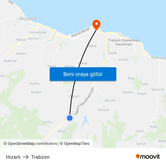 Hızarlı to Trabzon map
