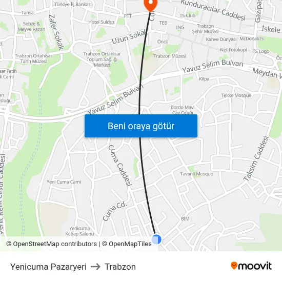 Yenicuma Pazaryeri to Trabzon map